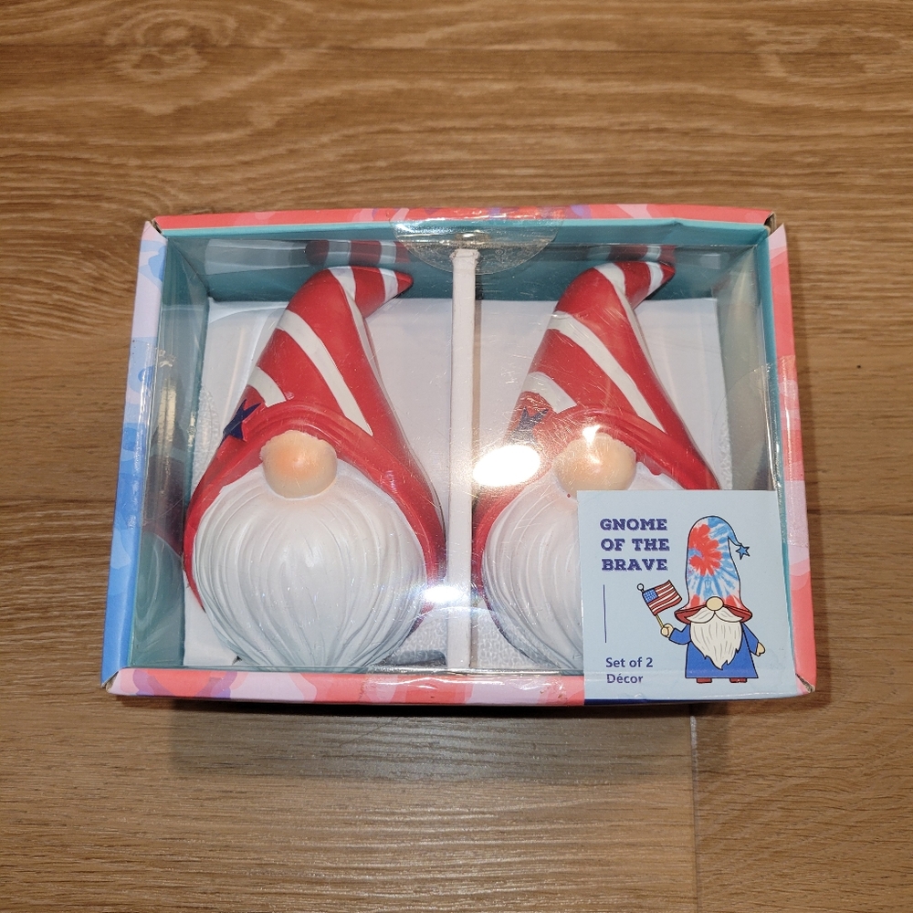 Gnome Of The Brave Blue Stars Tabletop Decor Set of 2 - New USA Patriotic